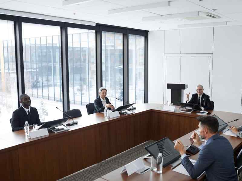 Six people in suits talk at a conference table with microphones.
